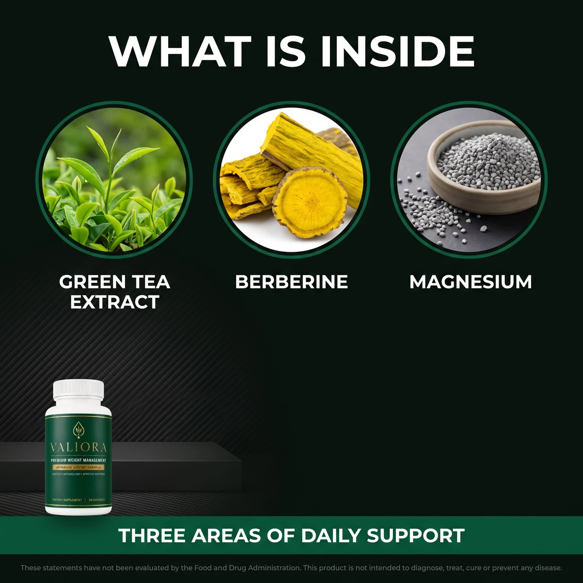 What is inside Valiora: green tea extract, berberine and magnesium