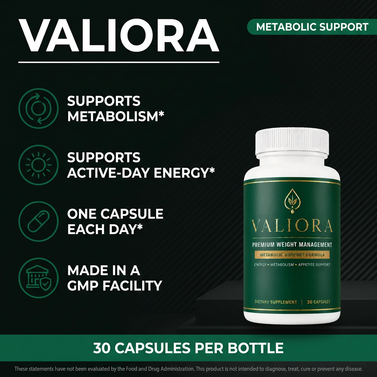 Valiora metabolic support: supports metabolism, active-day energy, one capsule each day, made in a GMP facility