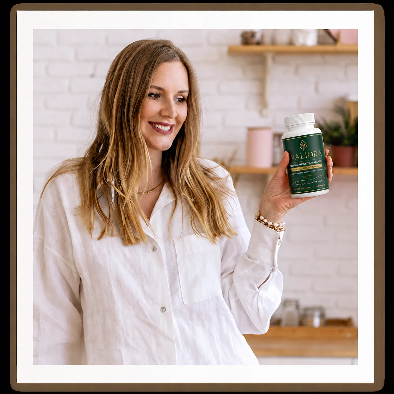 Jessica holding a bottle of Valiora in her kitchen